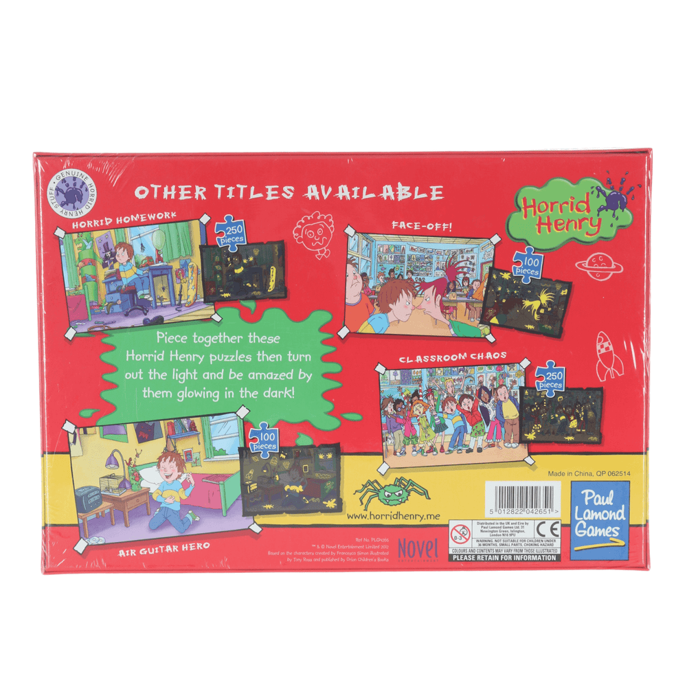 back view of horrid henry air guitar hero jigsaw puzzle box showcasing other puzzle designs available