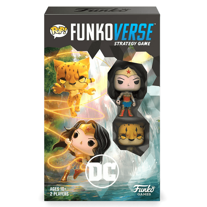 Funkoverse startegy game with wonder woman and the cheetah vinyl figures