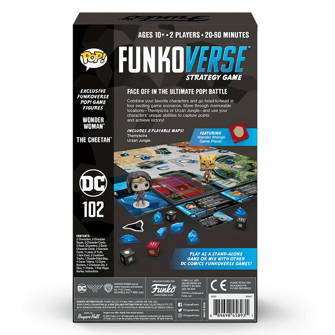 Back of the box of funkoverse DC 102 game with 2 playable maps