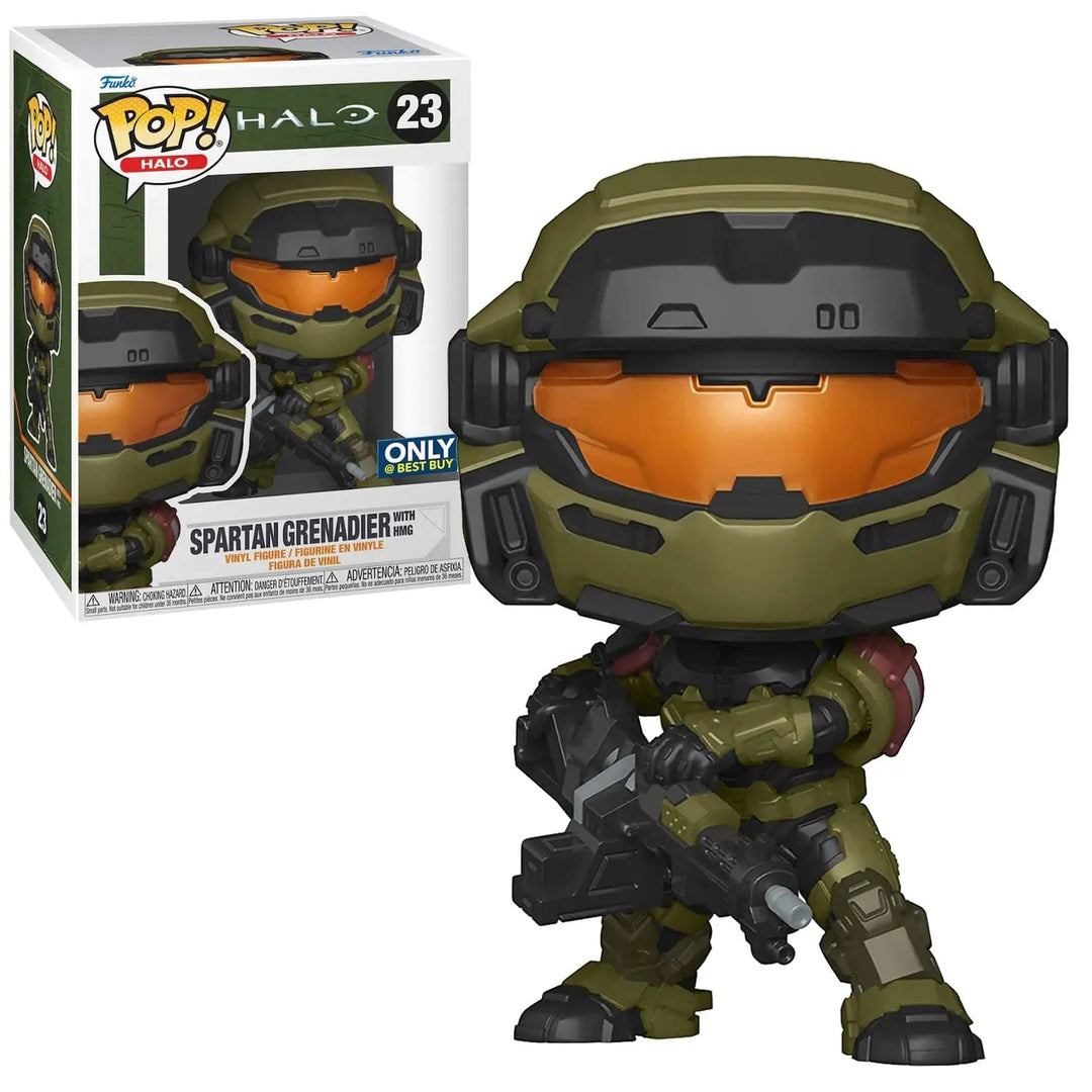 Funko Pop Halo Spartan Grenadier with HMG weapon and a window display box packaging