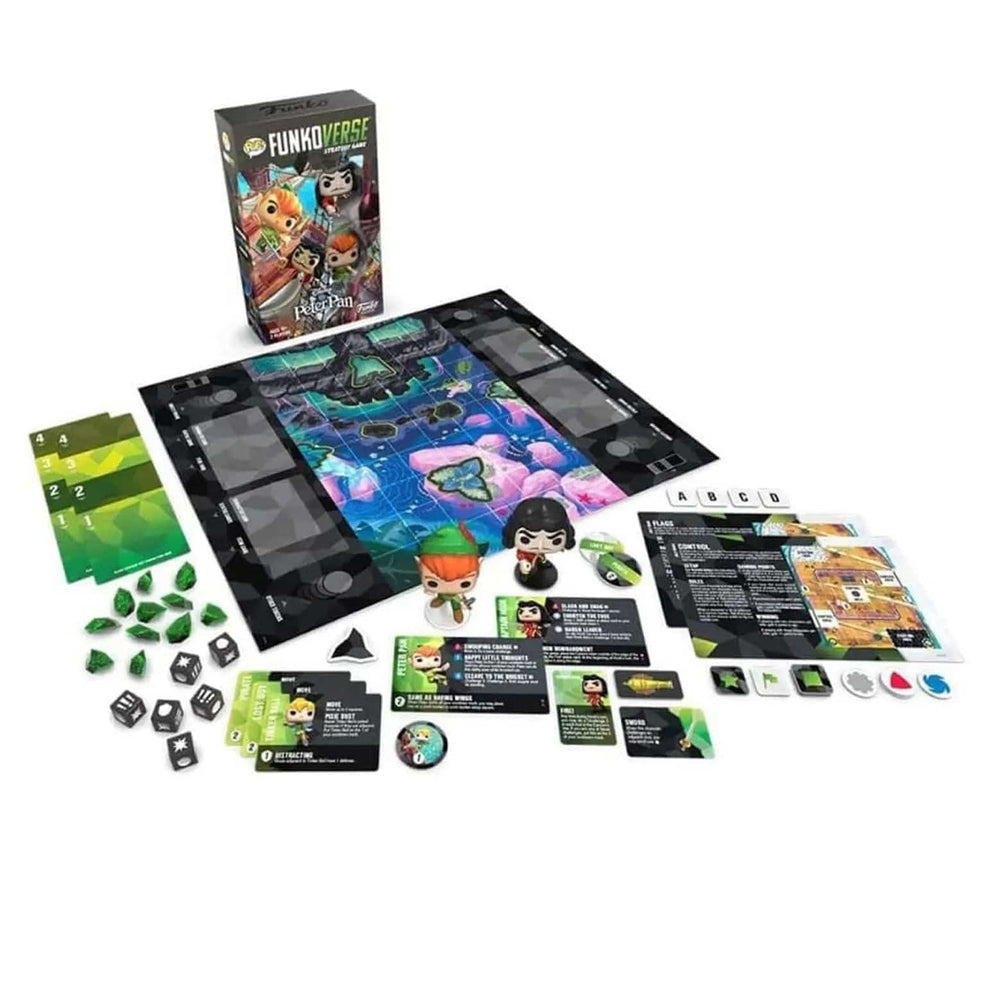 Contents of the Funkoverse Peter Pan game showing 2 figures, game board, character cards and tokens