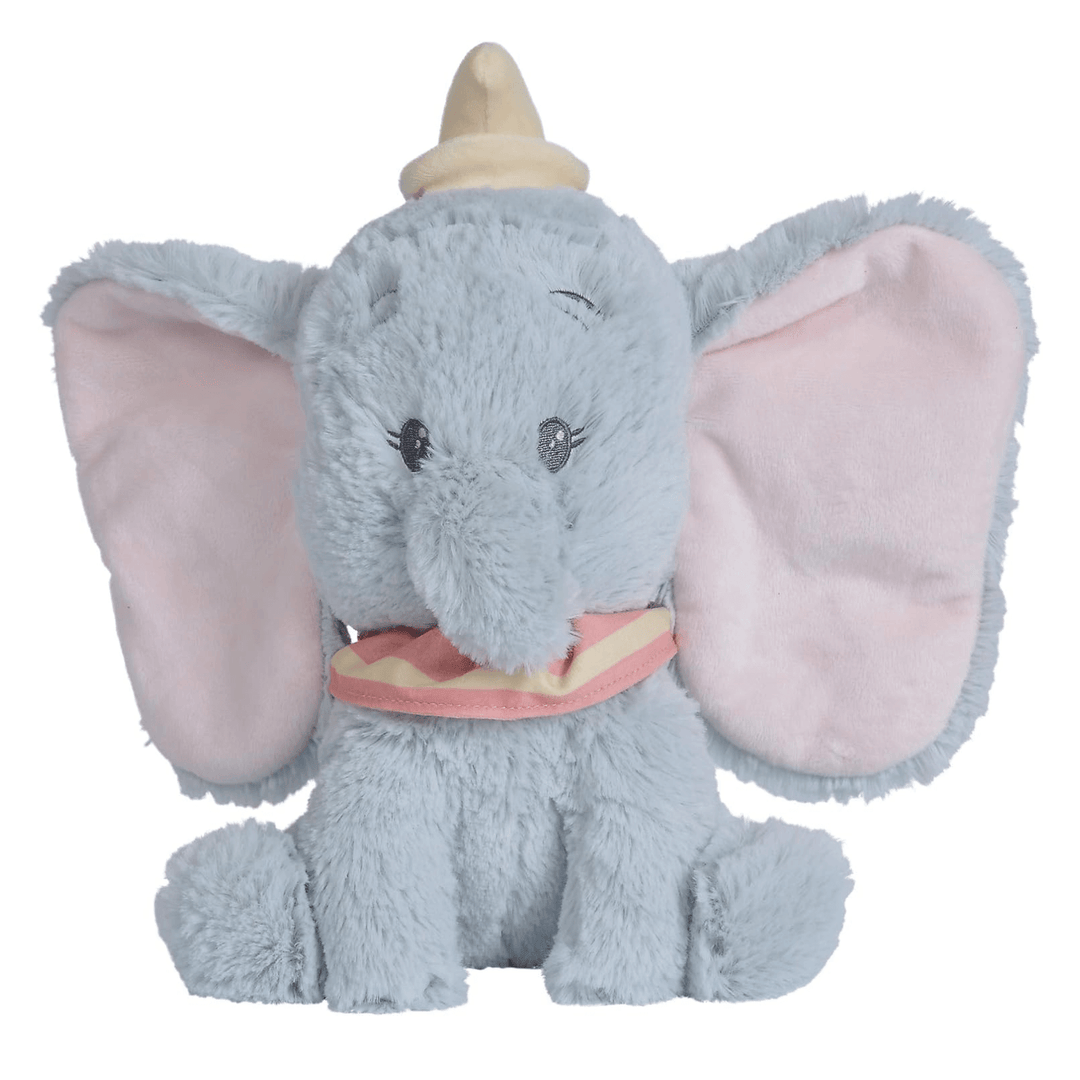 large disney dumbo plush toy featuring 3d floppy ears, and pink and yellow neck ruffle and little yellow hat