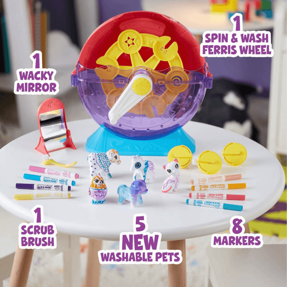 box contents include 1 wacky mirror, 1 ferrish wheel, 1 scrub brush, 5 washable pets and 8 colour markers