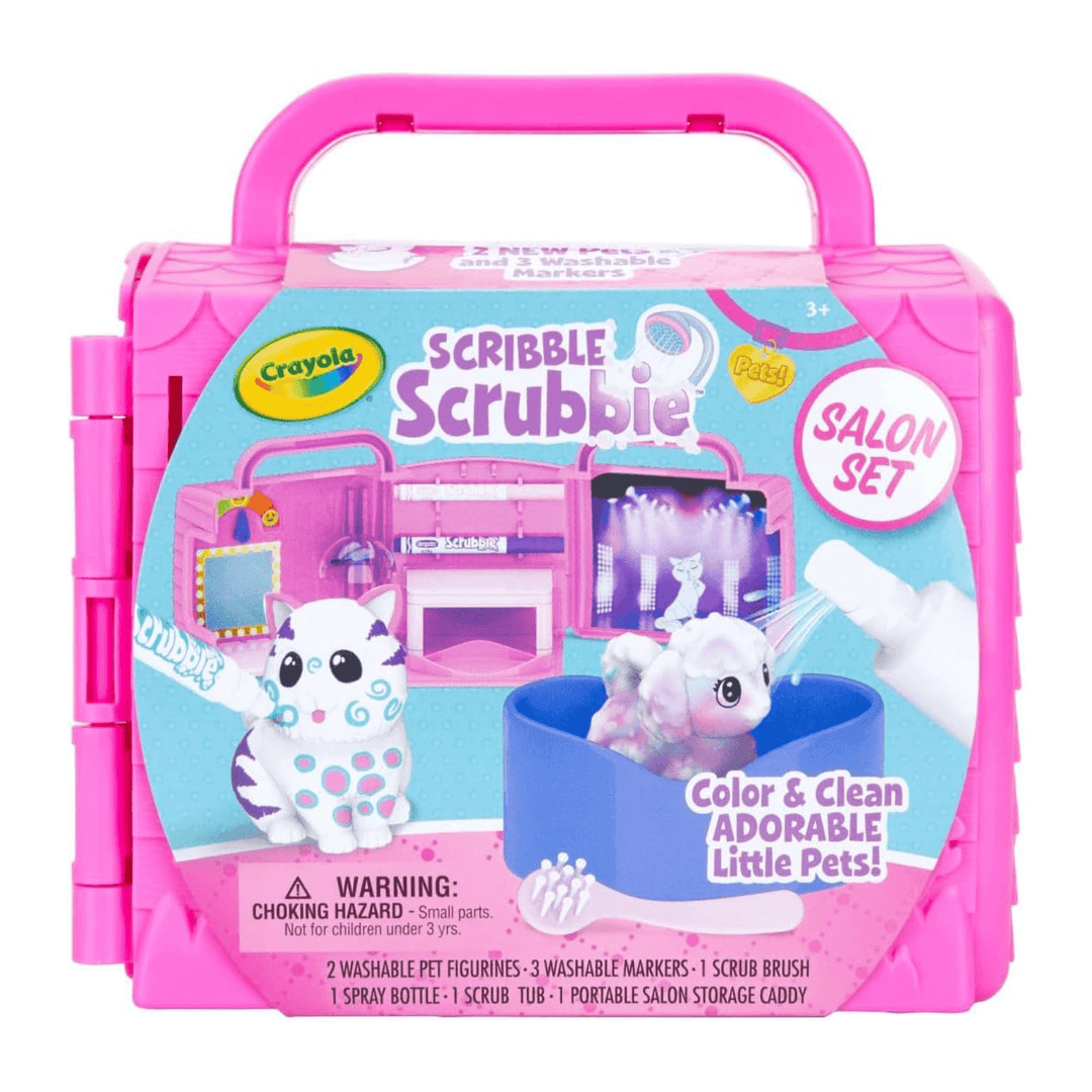 scribble scrubbie salon set from crayola in pink carry caddy with images of included pets on the front