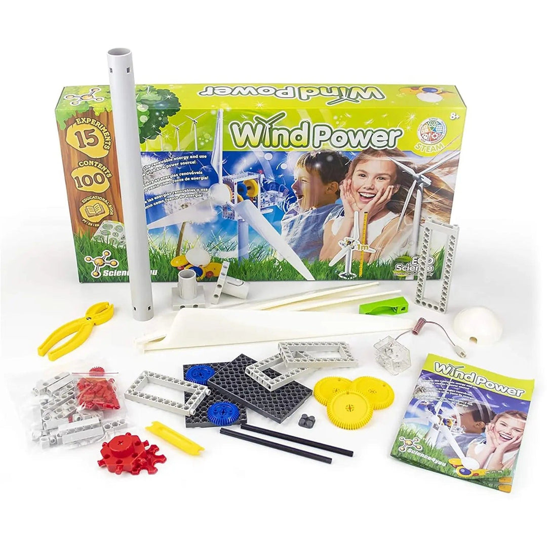 Box and contents of Wind Power science kit to build a large windmill