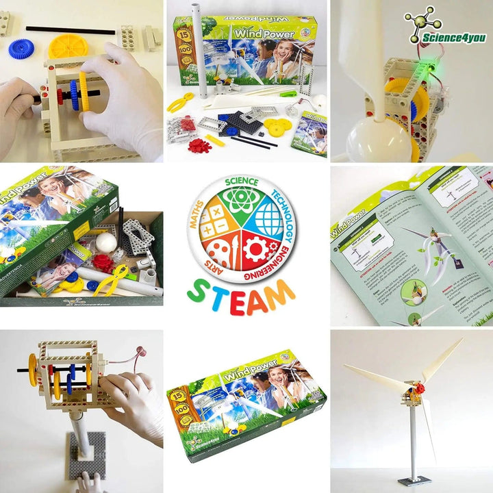 Collage of pictures from the Wind Power experiment kit for children