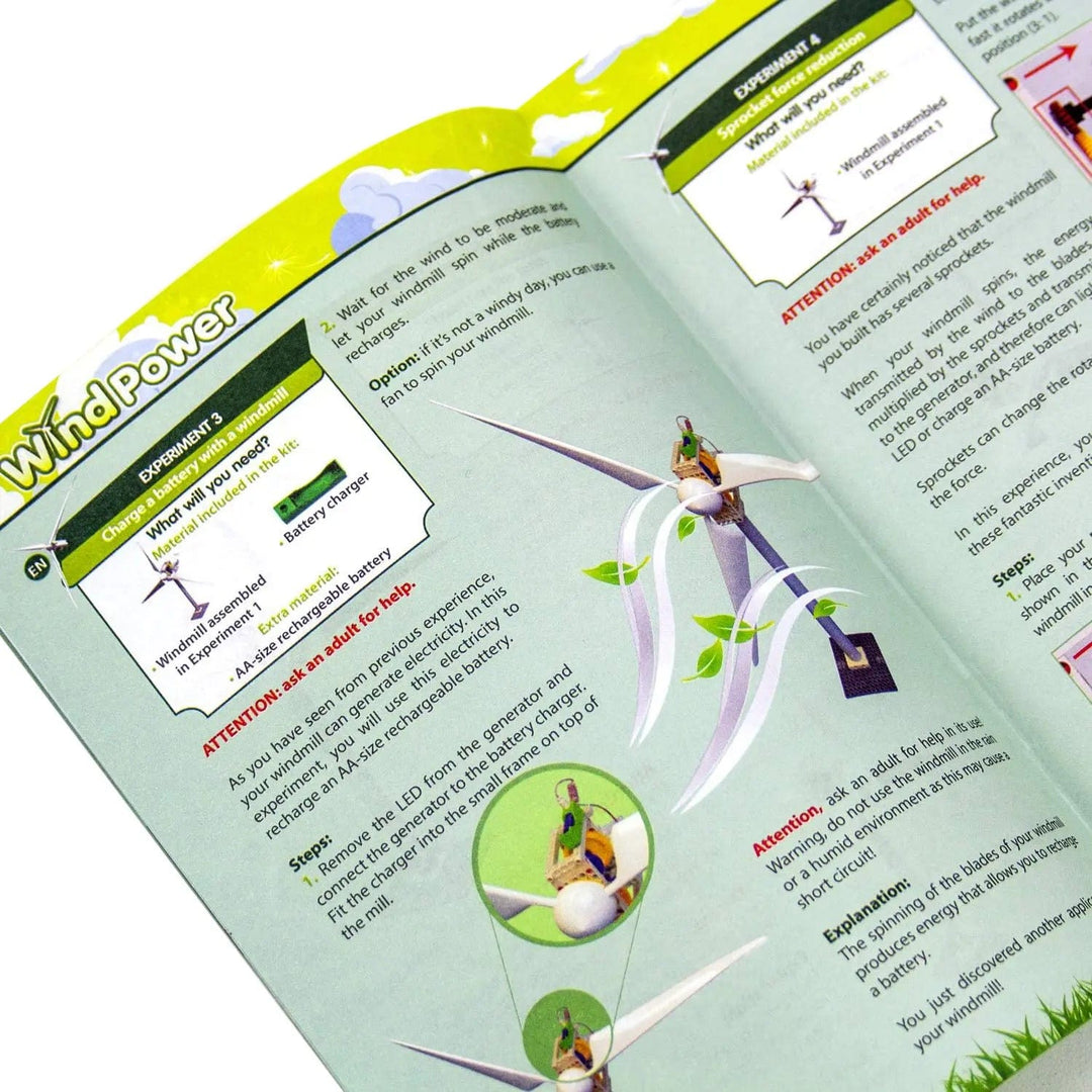 Page from the wind power science kit showing how to charge a battery using the wind turbine