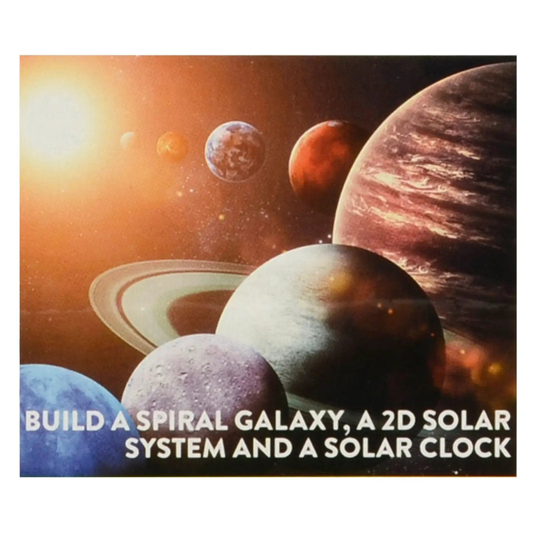 Planets of the solar system with text build a spiral galaxy, a 2D solar system and a solar clock