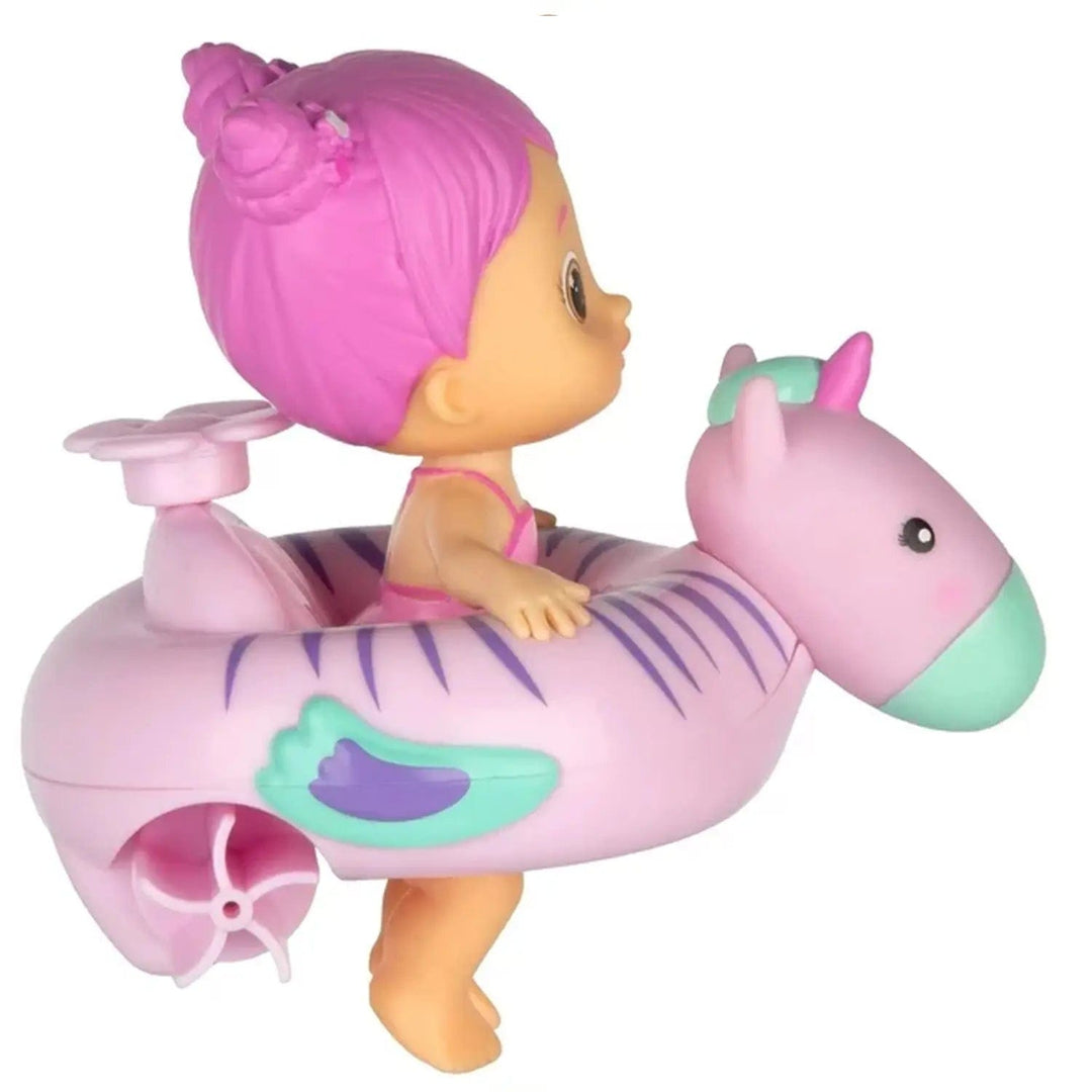 Side view of Bloopies Floaties doll in lilac colour unicorn design swim ring bath toy