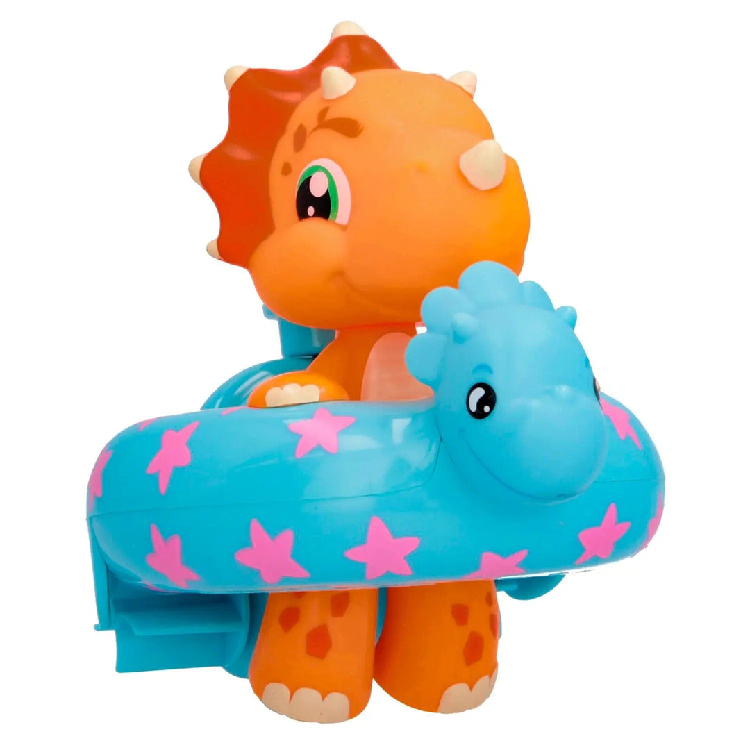 Bloopies Floaties Dinosaur bath toy with blue and pink stars float ring