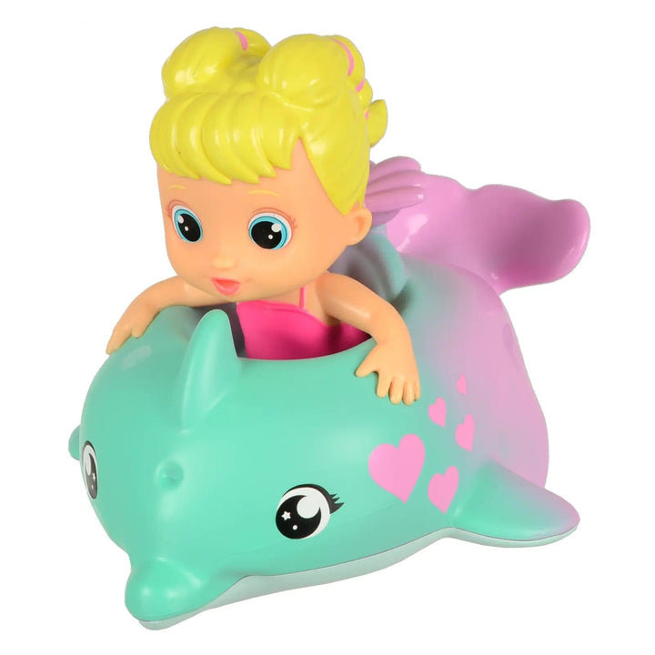 Bloopies Floaties Dolphin bath toy with turquoise and lilac dolphin decorated with hearts