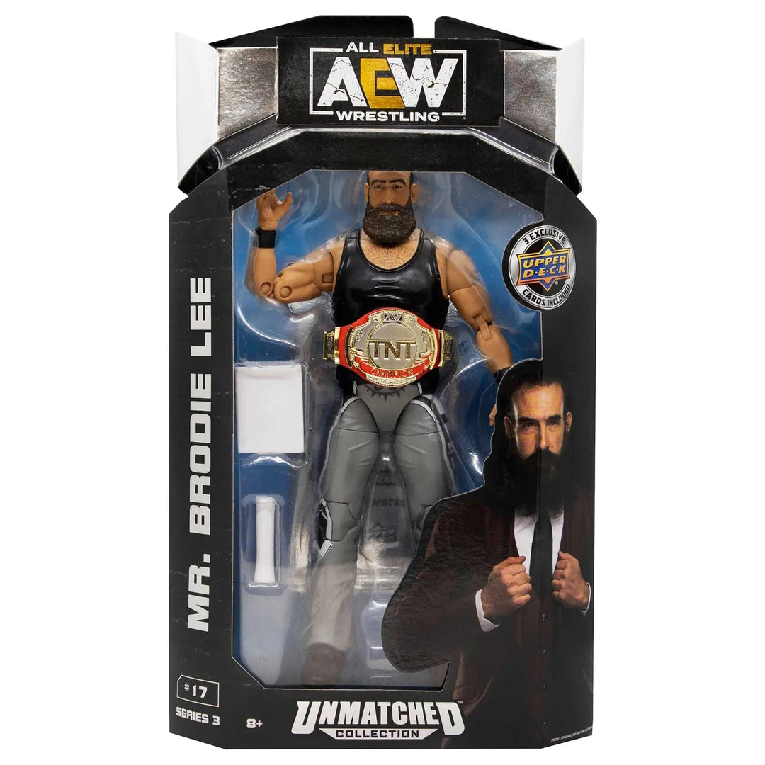 Display box packaging with AEW mr brodie Lee wrestler action figure from the Series 3 unmatched collection