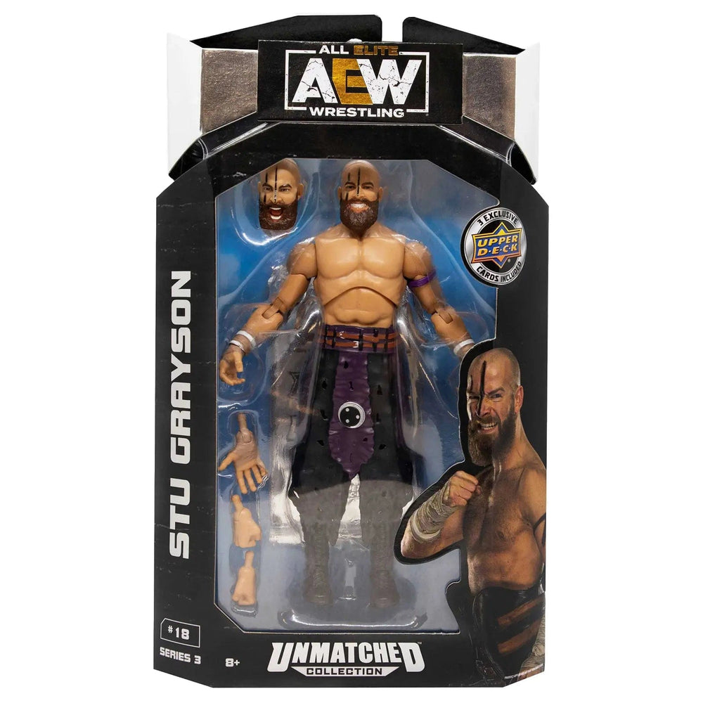 Display box packaging with AEW Stu Grayson wrestler action figure from the Series 3 unmatched collection