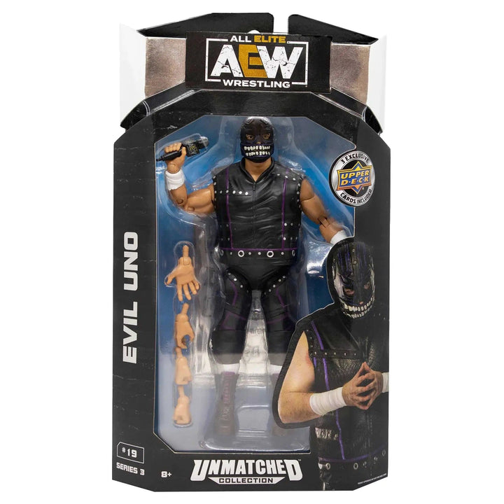 AEW Evil Uno wrestler action figure from the Series 3 unmatched collection in display box packaging