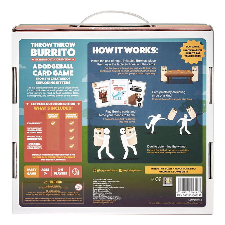 Back of the box of Throw Throw Burrito outdoor party game