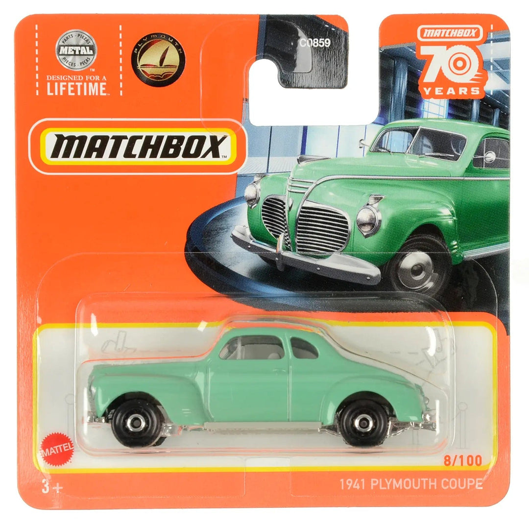 1941 Plymouth coupe die-cast car in Matchbox packing