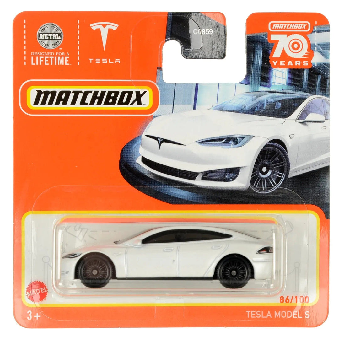 White tesla model s die-cast car in Matchbox packing