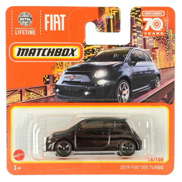 Black 2019 Fiat 500 Turbo die-cast car in Matchbox packing