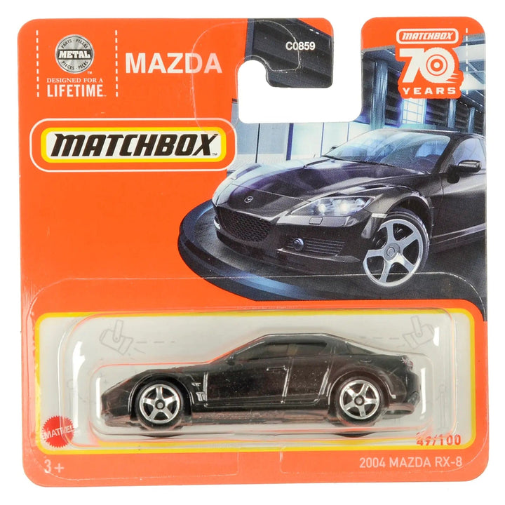 Black 2004 Mazda RX-8 die-cast car in Matchbox packing