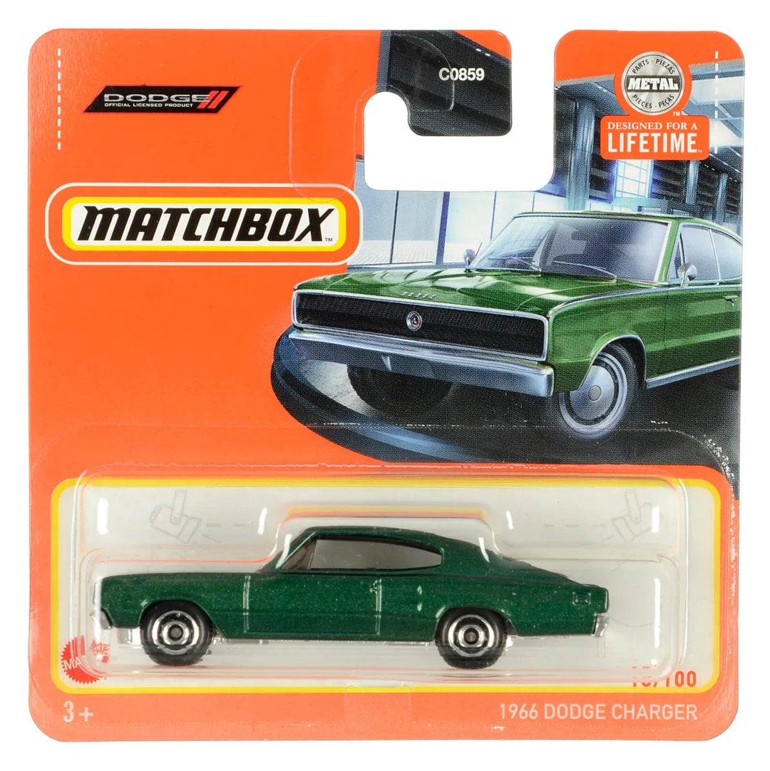 Green 1966 Dodge Charger die-cast car in Matchbox packing