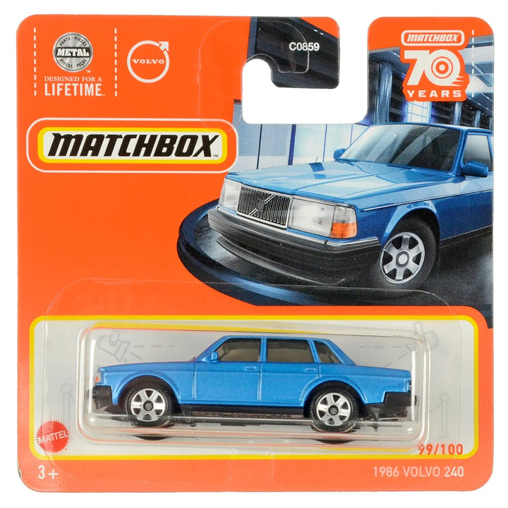 Blue 1986 Volvo 240 die-cast car in Matchbox packing