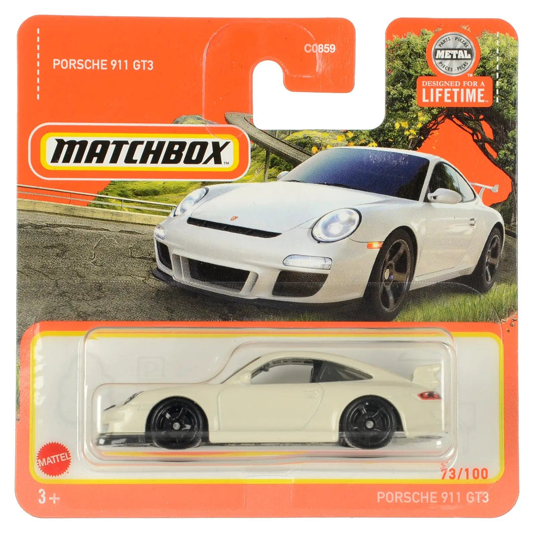 White Porsche 911 GT3 die-cast car in Matchbox packing