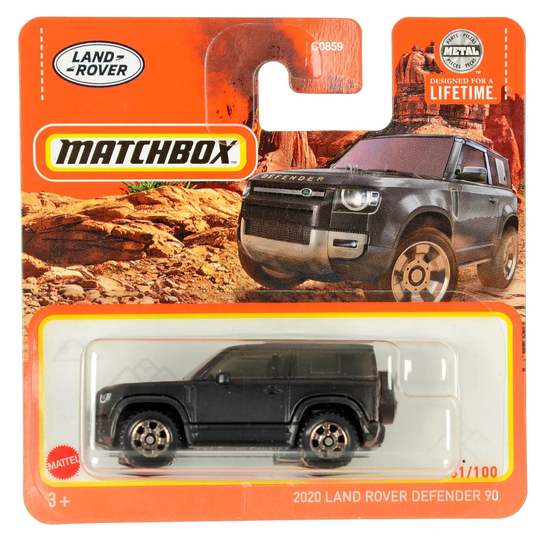 Black 2020 Land Rover Defender 90 die-cast car in Matchbox packing