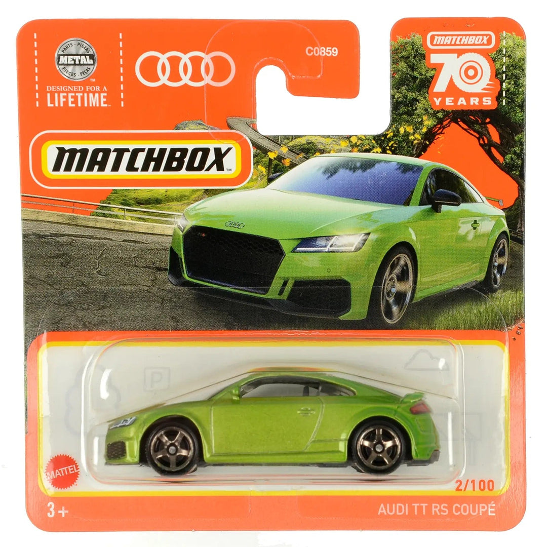 Green Audi TT RS Coupe die-cast car in Matchbox packing