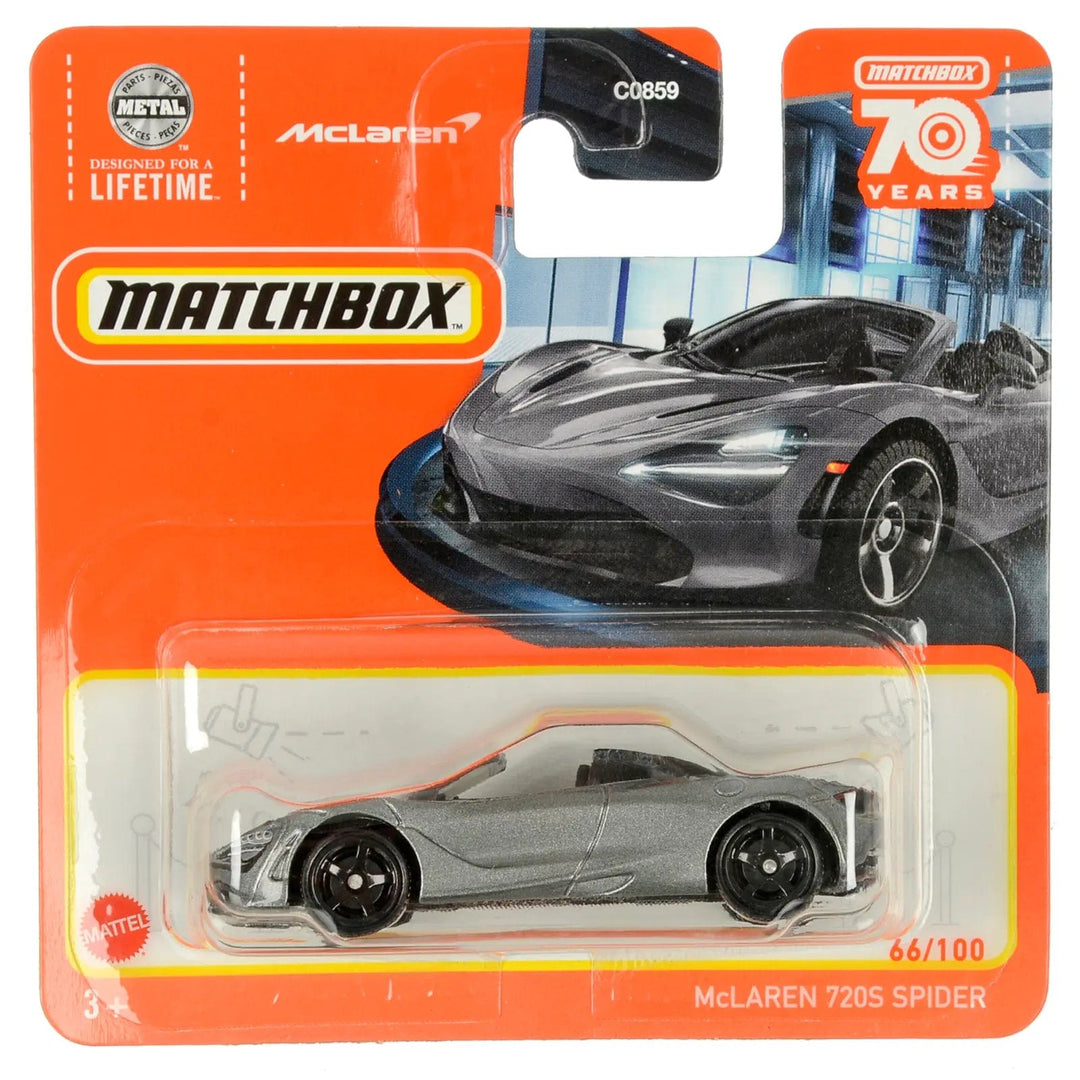 Silver McLaren 720S Spider die-cast car in Matchbox packing