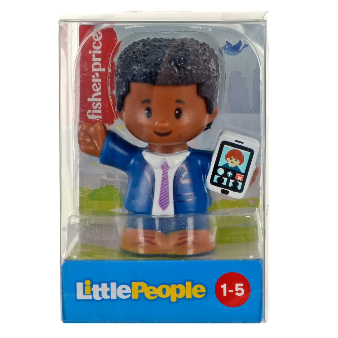 Little People figure dad in a suit holding a mobile phone