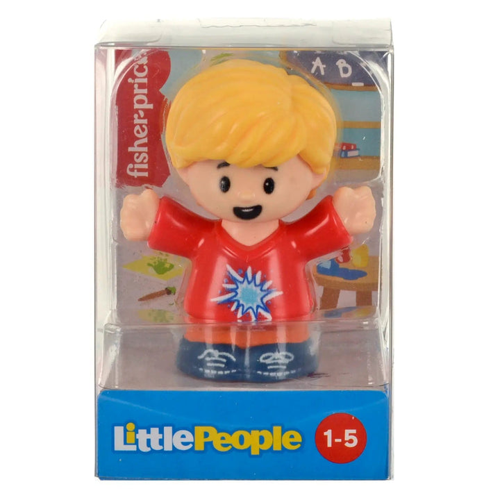 Little People figure with blonde hair, wearing an orange top with splash graphc