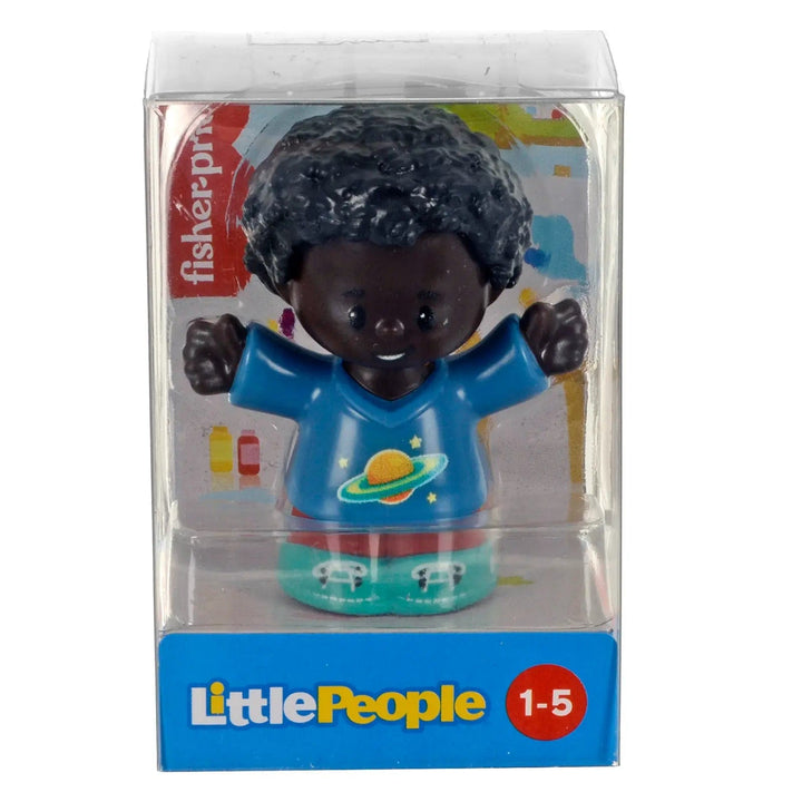 Little People figure in a blue top with Saturn graphic