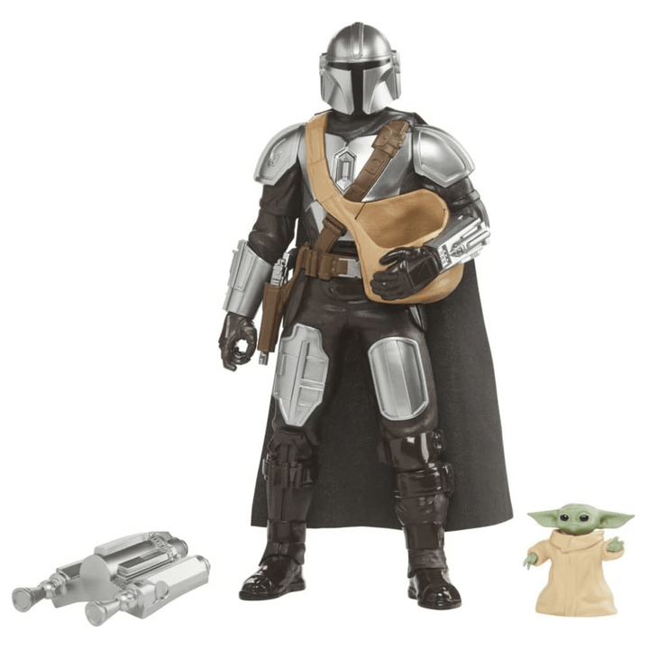 the mandalorian action figure with removable mini grogu on ground alongside silver jetpack accessory.