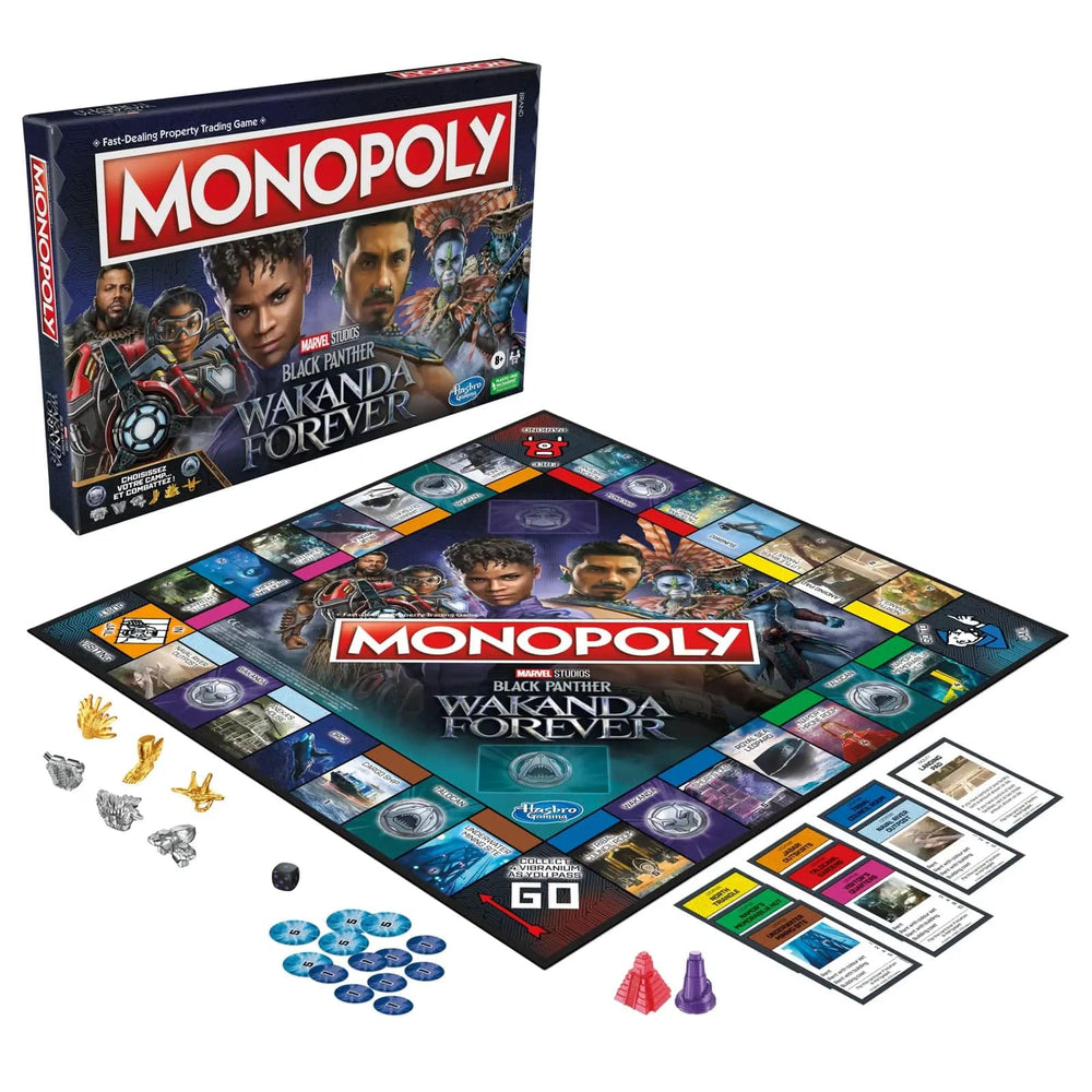 Monopoly Wakanda Forever board game with tokens, cards and more box contents