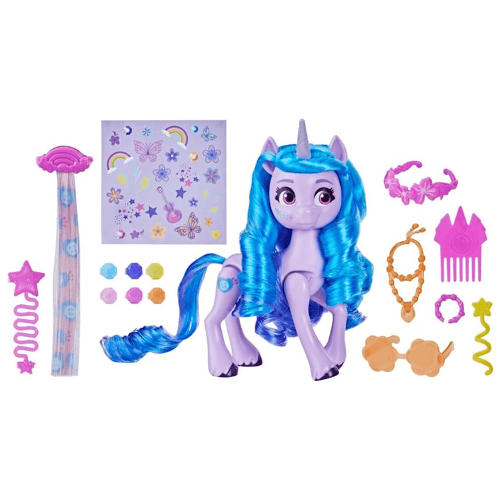 my little pony doll with accessories including sticker sheet, clip in hair extension and more