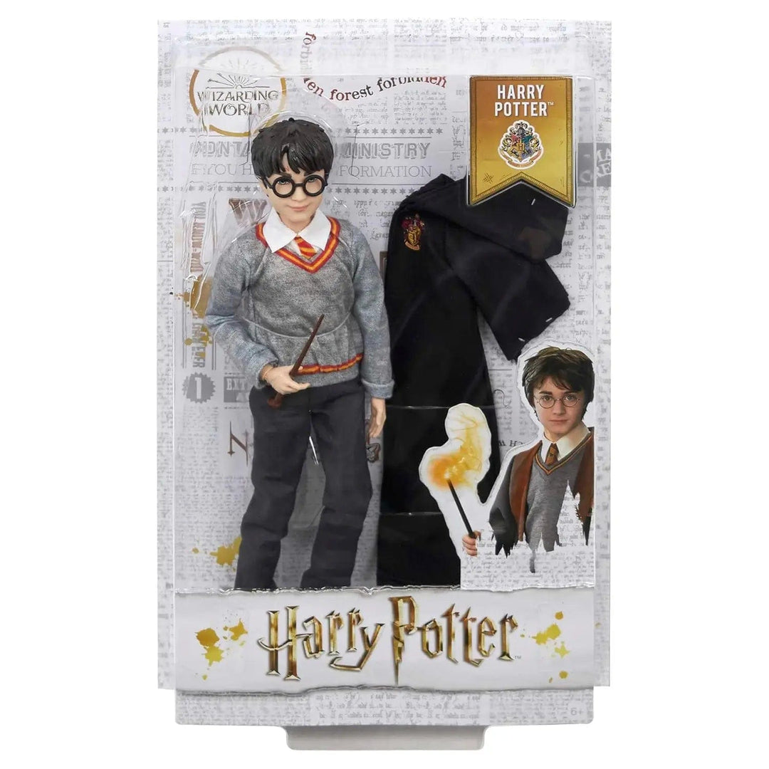 Harry Potter collectible figure with Hogwarts uniform, house robe and wizard wand in display packaging