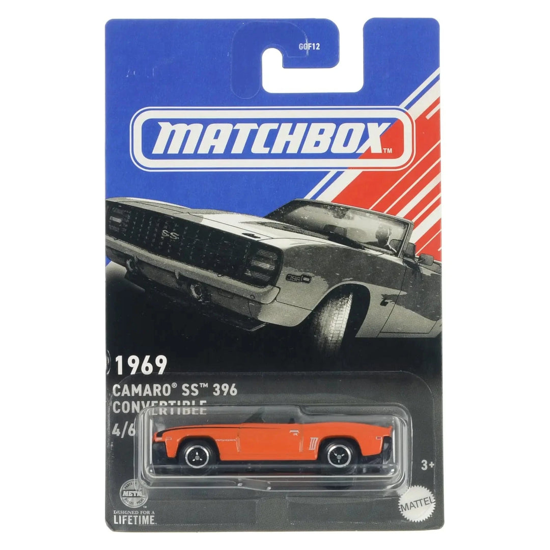 Matchbox GGF12 1969 Camaro SS 396 in orange die-cast car in packaging