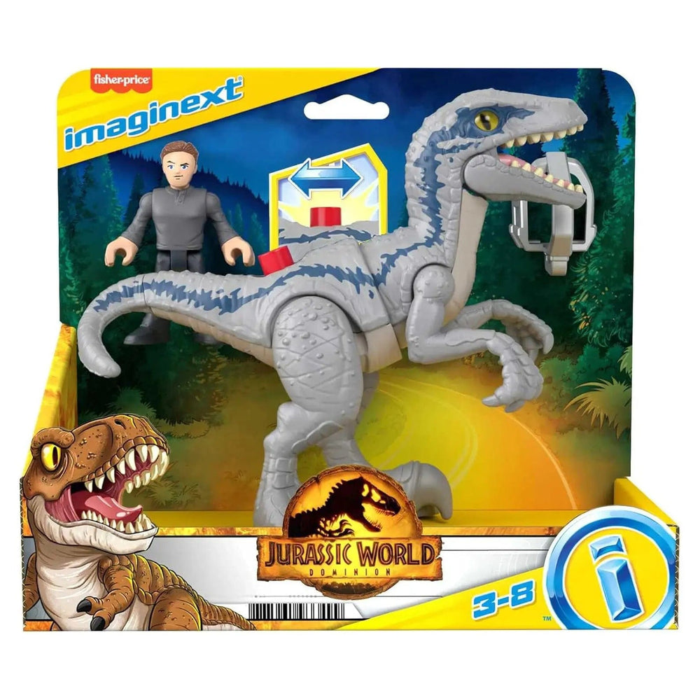 Jurassic World with breakout blue dinosaur and Owen figure playset in packaging