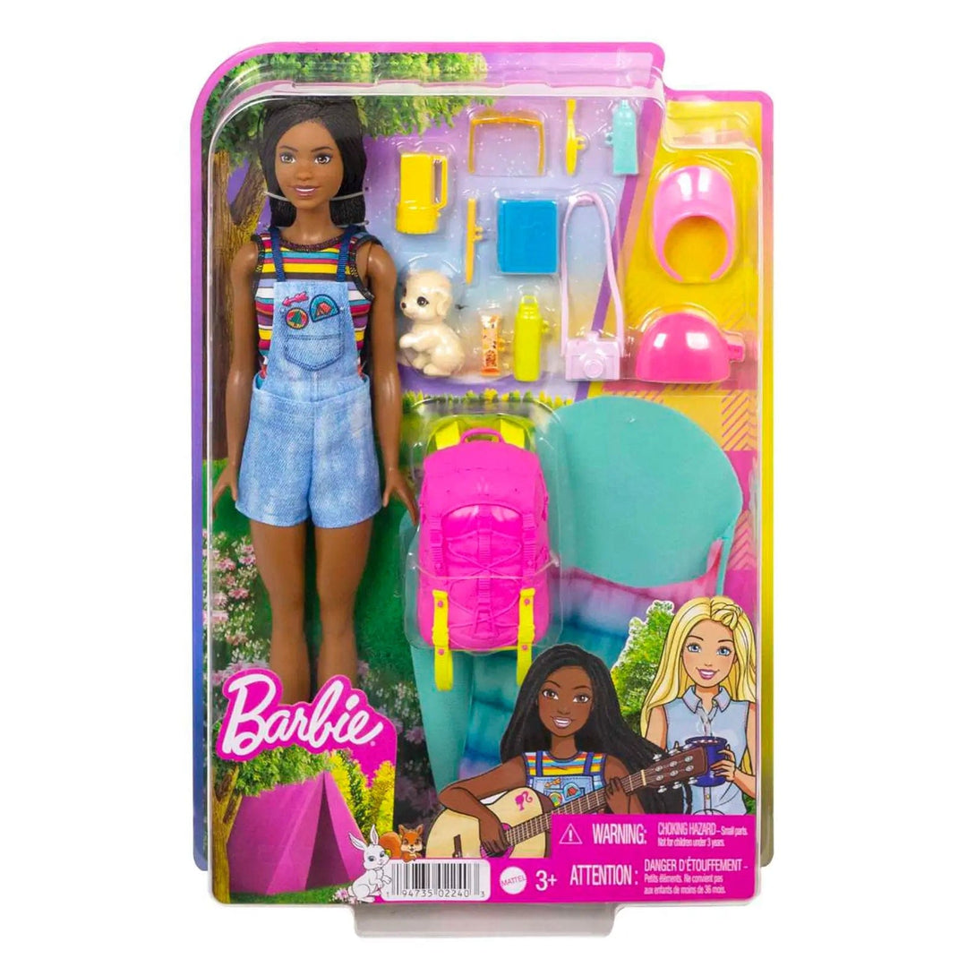 Packaging of Barbie Camping playset with sleeping bag, rucksack, puppy and lots of accessories