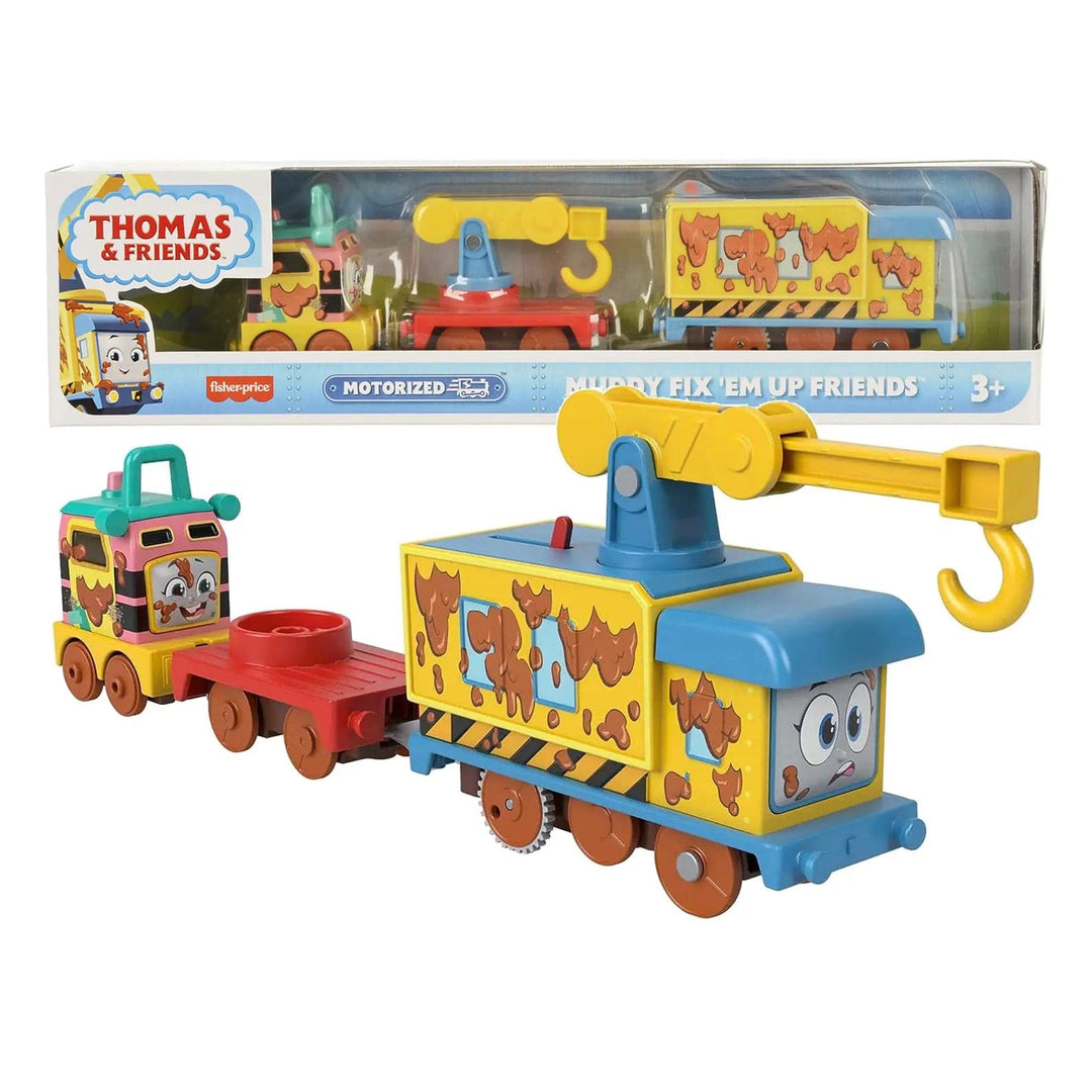 Thomas & Friends Muddy Fix Em Up motorised train engine with 2 cars and a crane