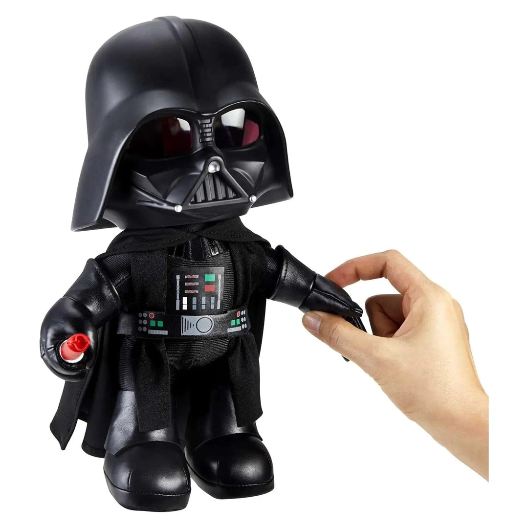 Star Wars Darth Vader plush action figure with hand pressing to activate voice changer and light up lightsaber