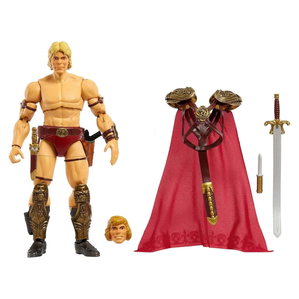 He-Man action figure with cape, extra head, weapons and accessories