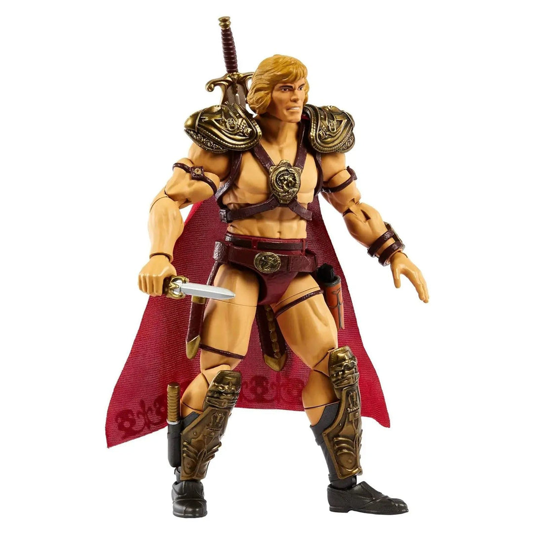 Masters of the Universe He-Man action figure withred cape and weapon accessories