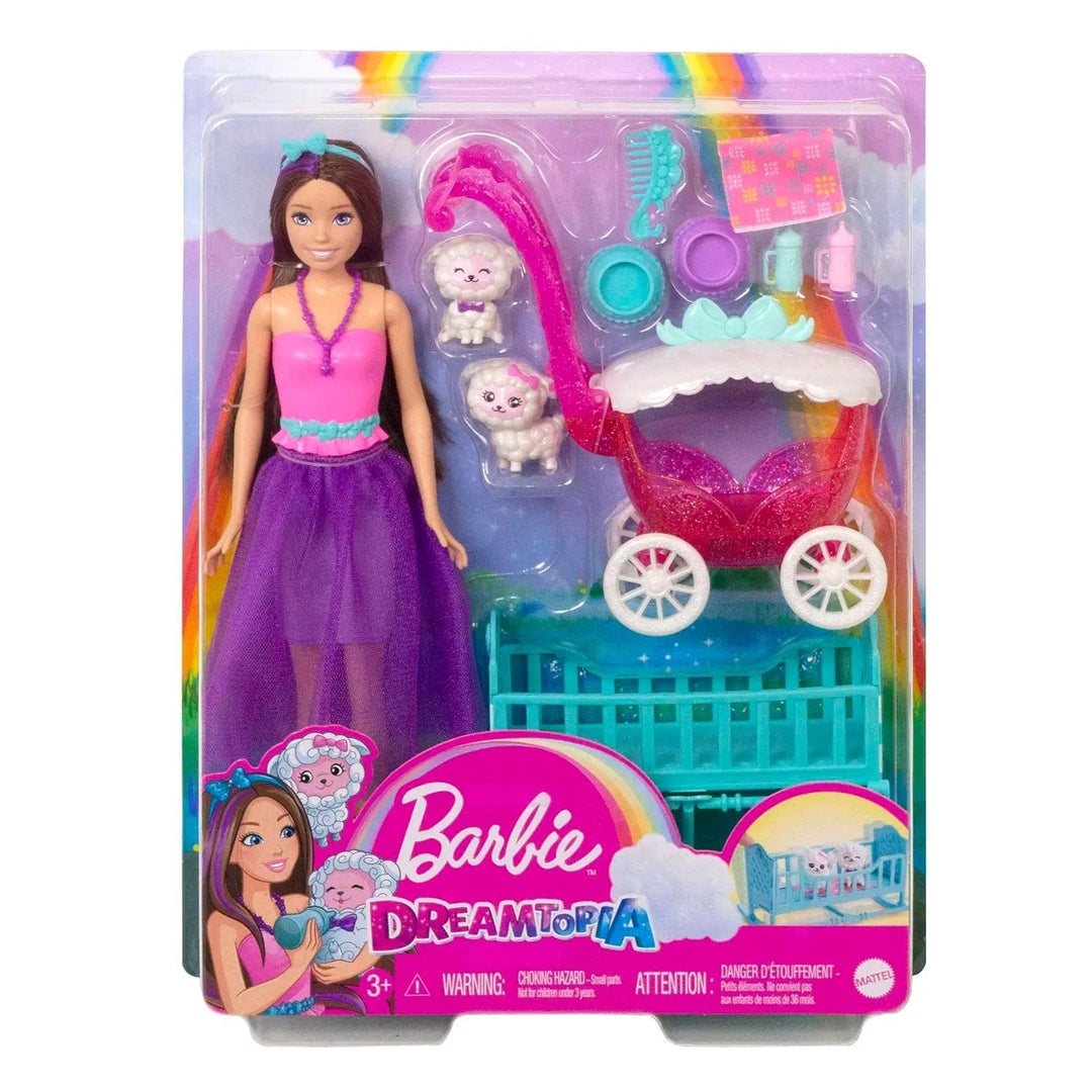 Barbie Dreamtopia doll in hte box with 2 lamps, pushchair and cot