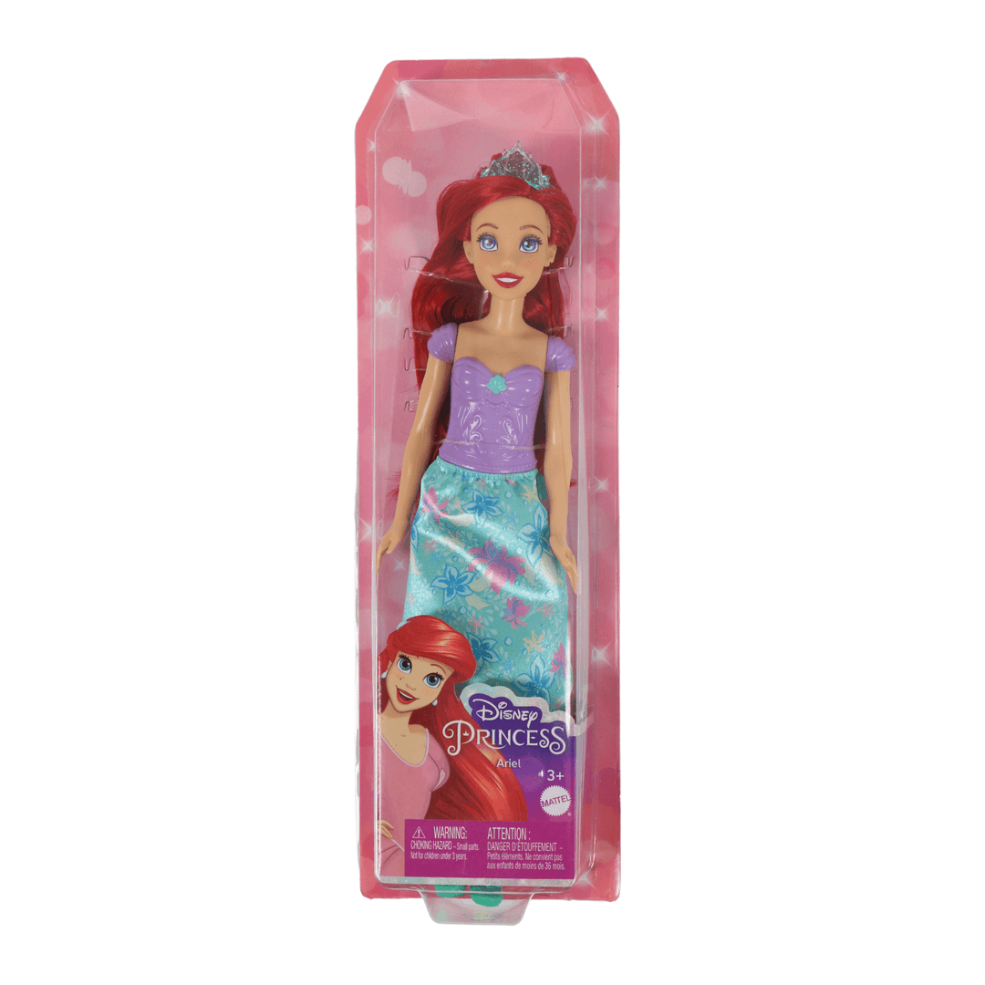 disney princess arial fashion doll is pink box featuring green and purple skirt and accessories