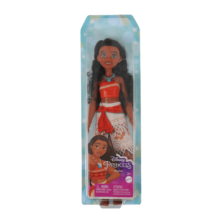 moana fashion doll in blue box wearing orange and brown coloured two piece with blue glitter necklace