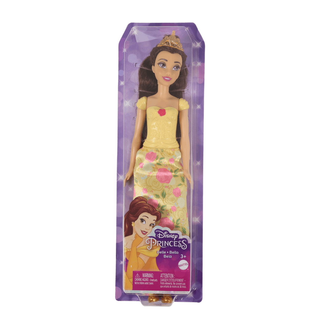 disney princesss belle fashion doll in purple box wearing yellow and pink dress and accessories