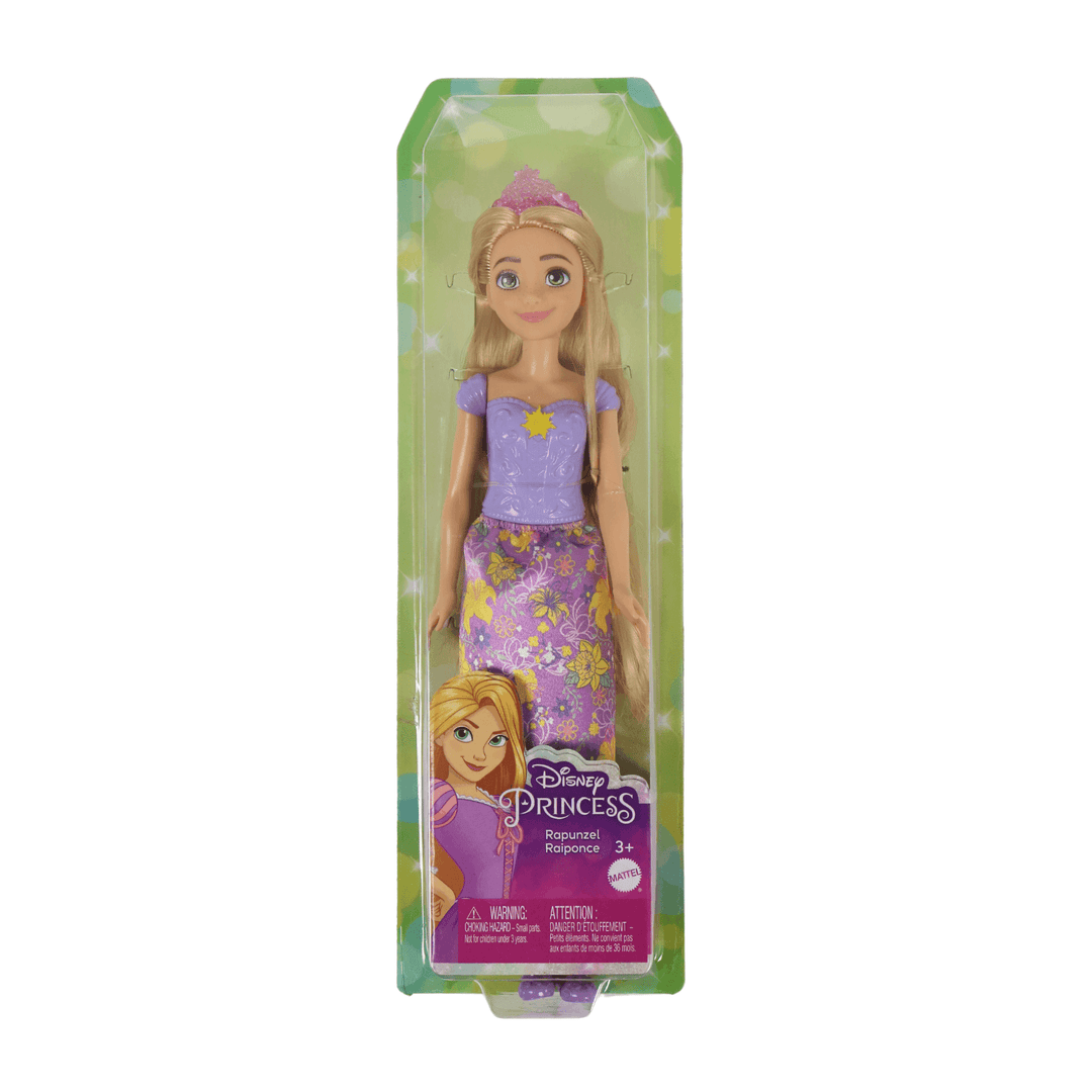 disney princess rapunzel doll in green box wearing pink, purple and yellow dress and accessories