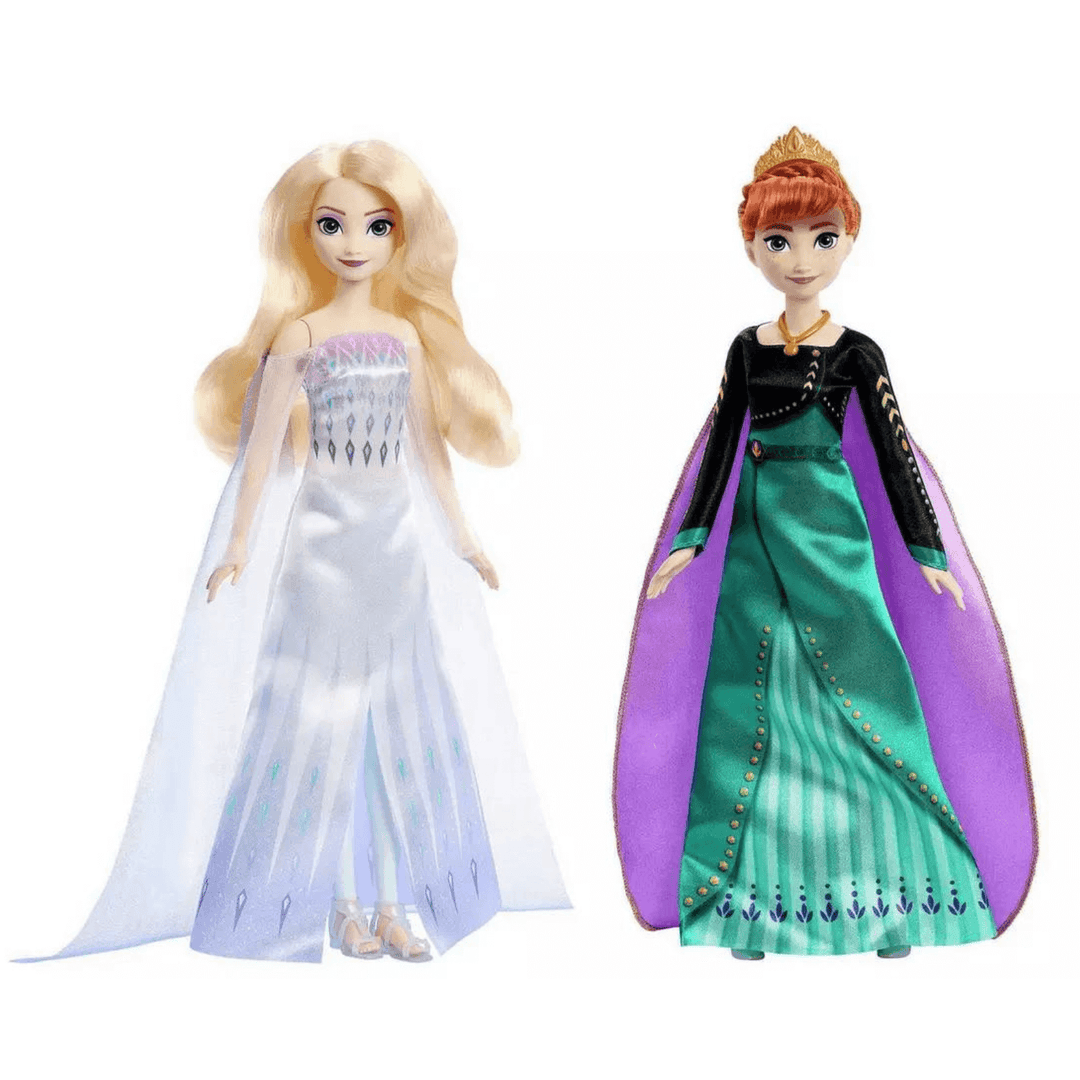 Queen Anna & Queen Elsa Frozen Dolls wearing signature gowns with realistic hair