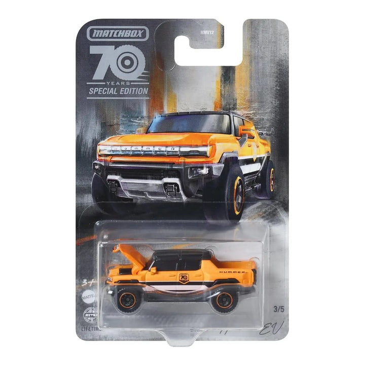 Orange Hummer EV Matchbox 70 years special edition die cast car in packaging